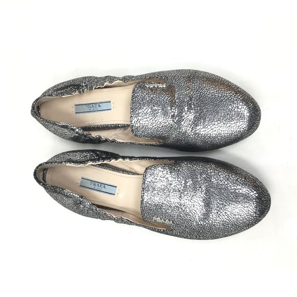 Women's Prada Slip On Loafers Flats Shoe Size 40 EU/10 US Silver Crackle Leather - Picture 9 of 10